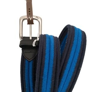 Tommy Bahama Mens Stretch Belt L 38-40 Navy Blue Stripe Leather Trim